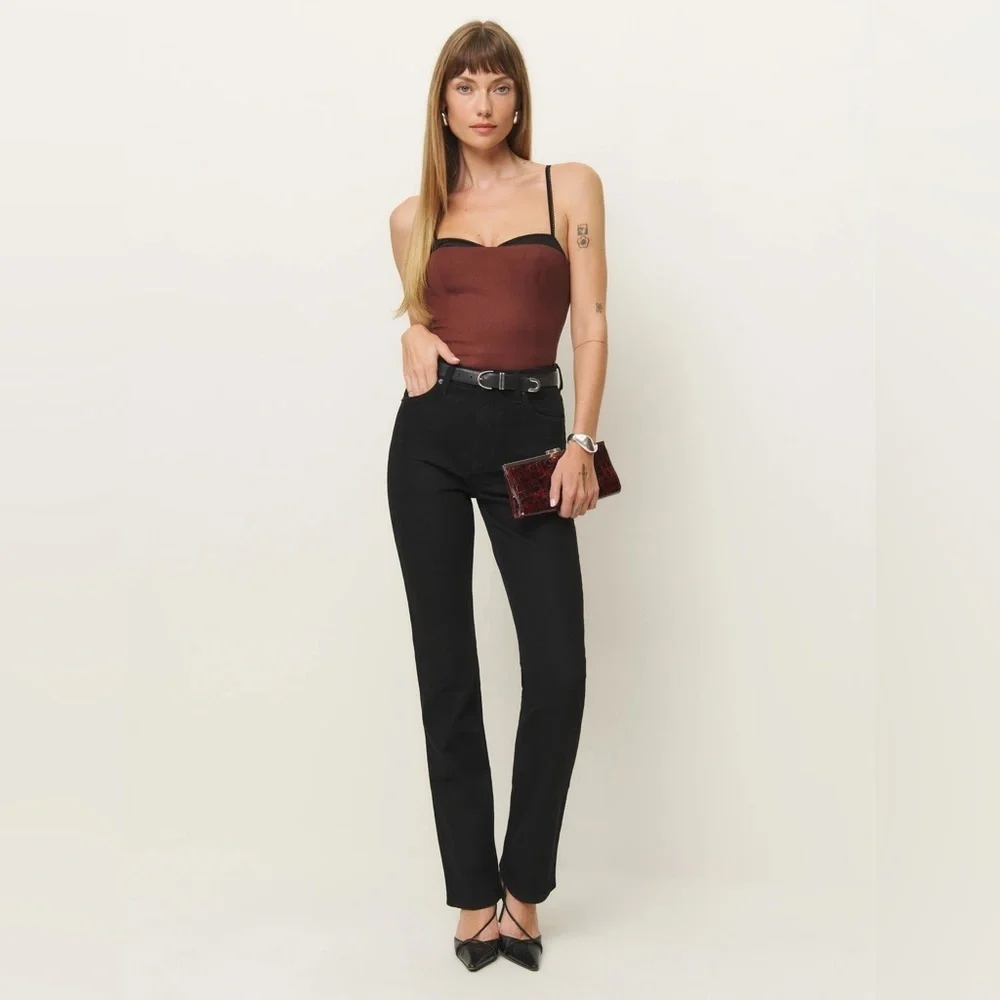 NEW Reformation Melanie Strappy Top Woven Silk Contrast Dark Red | size 0 - Picture 2 of 11